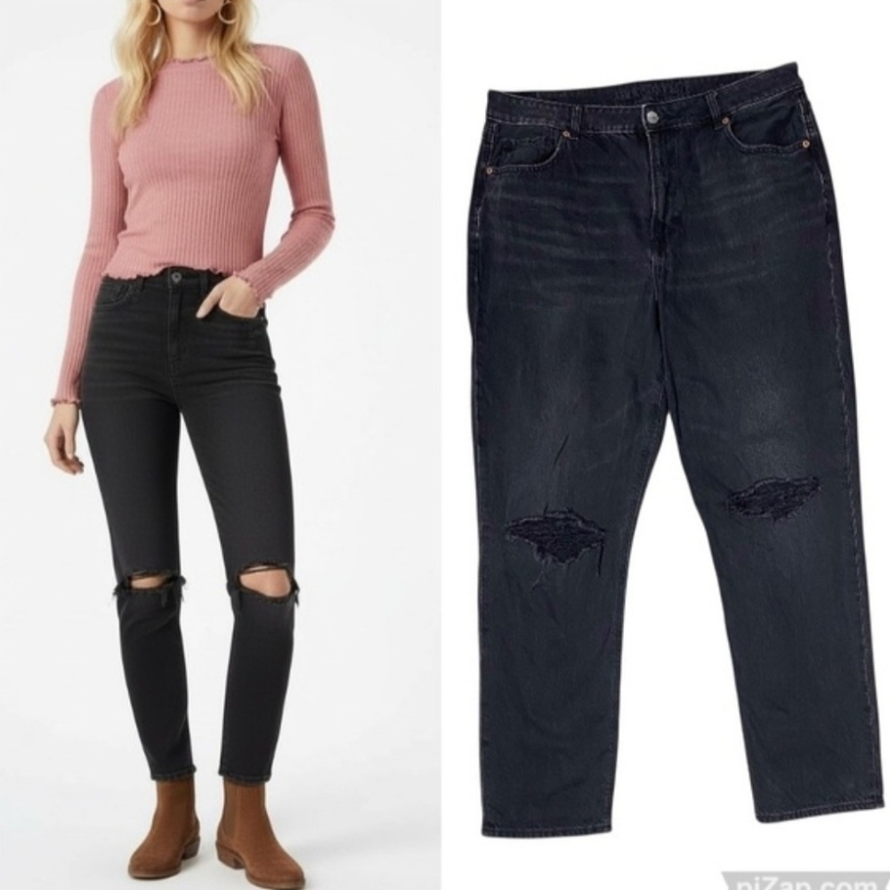 American Eagle Mom Jeans Black Ripped Knees Size 4